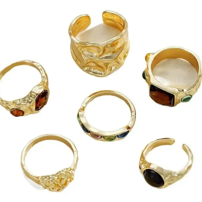 6Pcs Unisex Punk Gothic Geometric Crystal Metal Rings Durable Fashion Jewelry