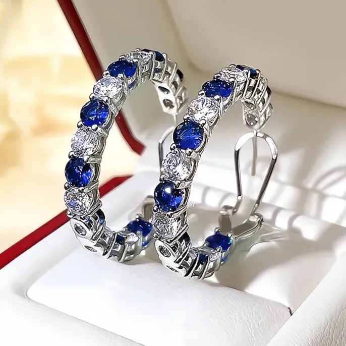 Geometric Hoop Earrings with Green Blue Cubic Zirconia in Copper Alloy