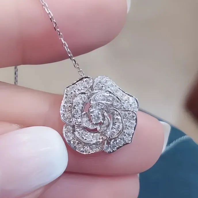 Geometric Flower Pendant Necklace for Women Silver Cubic Zirconia Wedding Jewelry