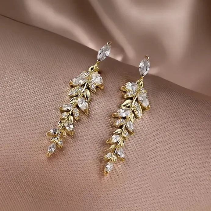 Gold Leaf Shaped Dangle Earrings with Sparkling Cubic Zirconia for Women