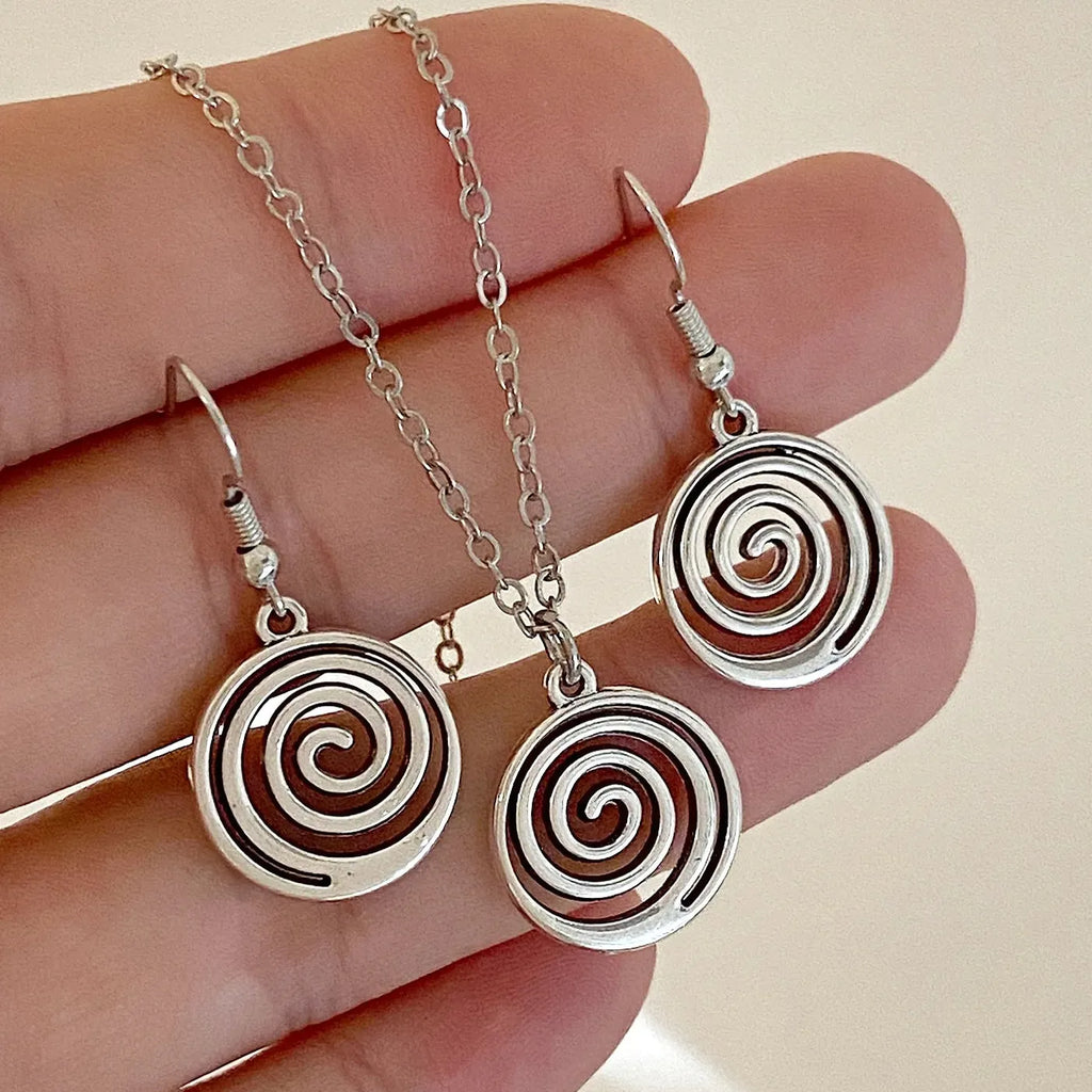 Vintage Spiral Vortex Pentagram Necklace & Earrings Zinc Alloy Boho Y2K Jewelry