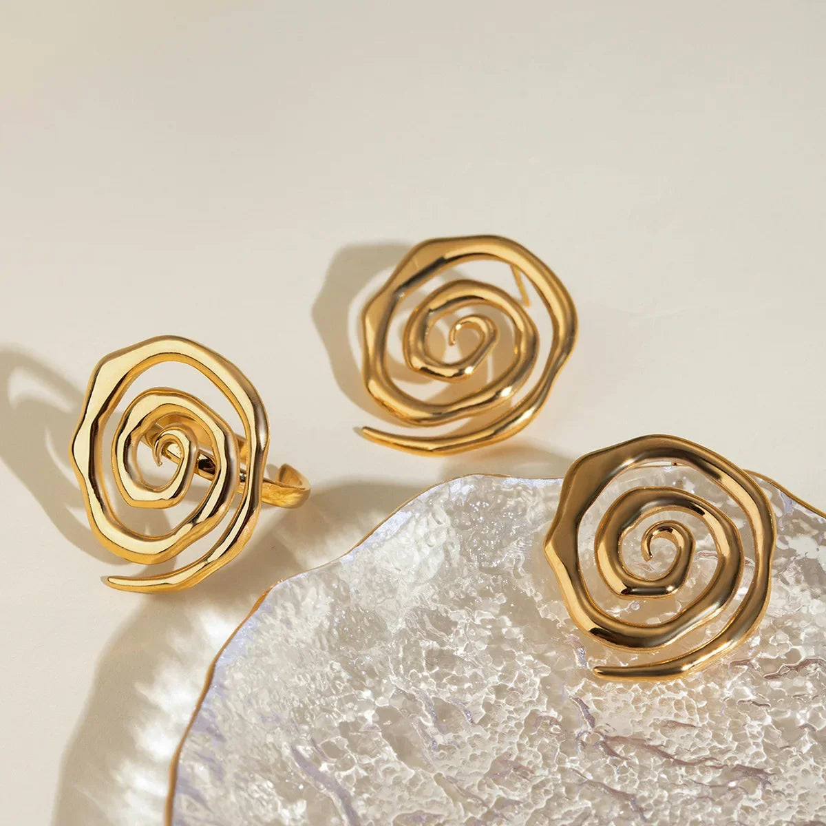 Waterproof 18K Gold Plated Metal Vortex Swirl Earrings Geometric Spiral Rings