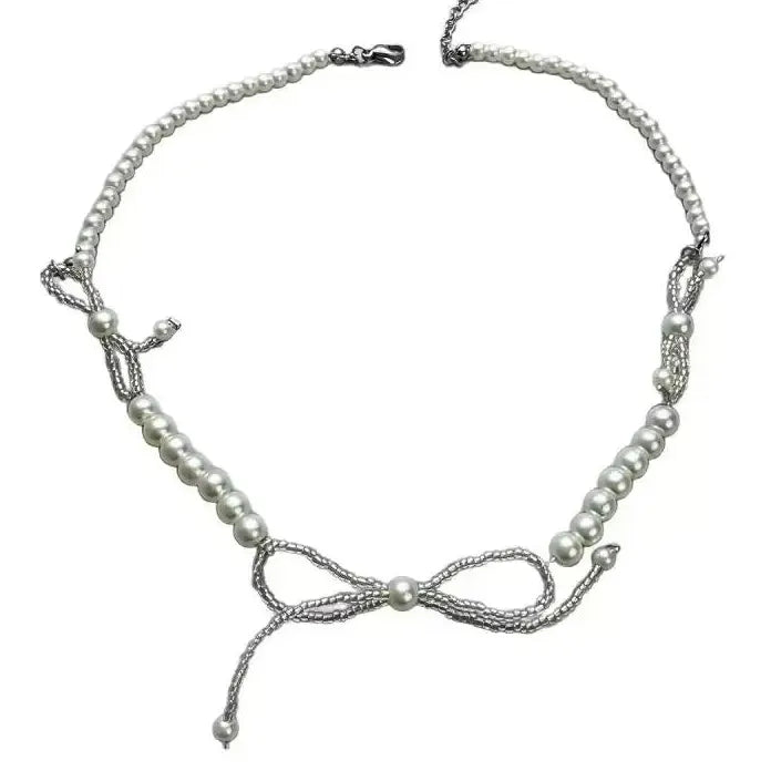 Crystal Imitation Pearl Beaded Bow Knot Collarbone Necklace for Women Girls