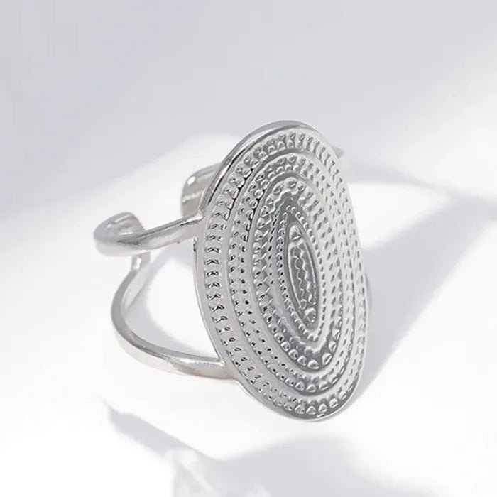 Adjustable Vintage Punk Elliptical Broad Surface Stainless Steel Cocktail Ring Women