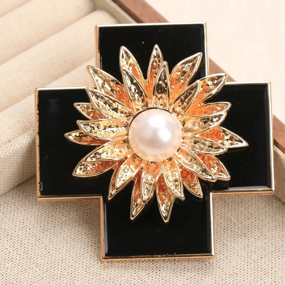 Luxury Cross Floral Brooch Pin Classic Style Gift for Men & Women