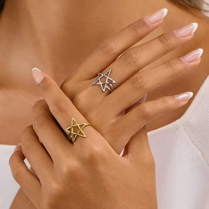 Adjustable Black Pentagram Star Ring Stainless Steel Fashion Jewelry Gift