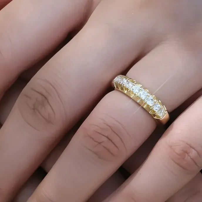 Golden Brass Office Lady Ring with Cubic Zirconia Halo, Geometric Design, Sizes 6-10, Casual Female Jewelry