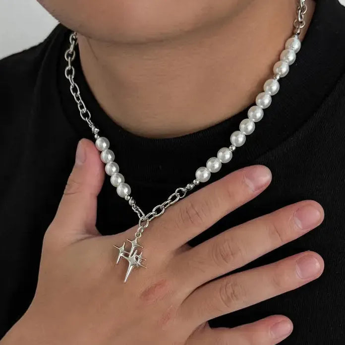 Hiphop Rock Star Pendant Necklace for Men Women Pearls Jewelry Urban Style