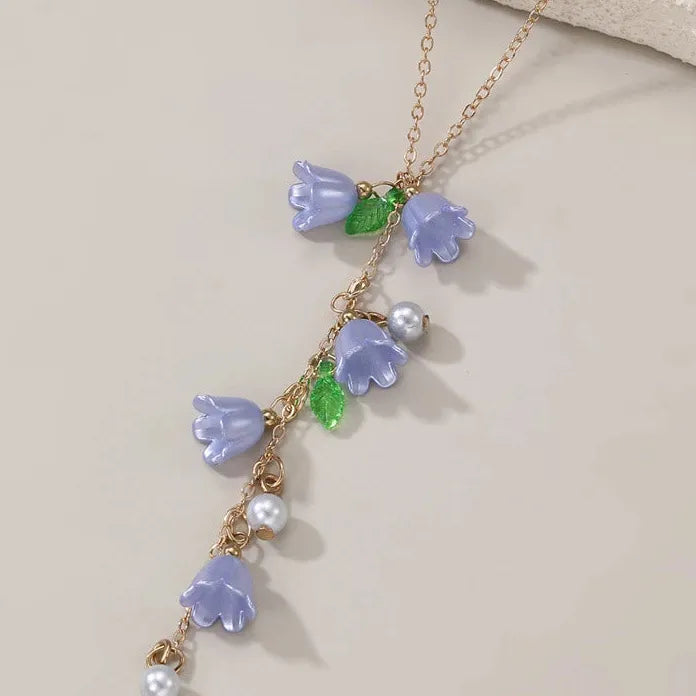 Tassel Valley Vintage Y-Shaped Lily Flower Pearl Pendant Necklace for Women