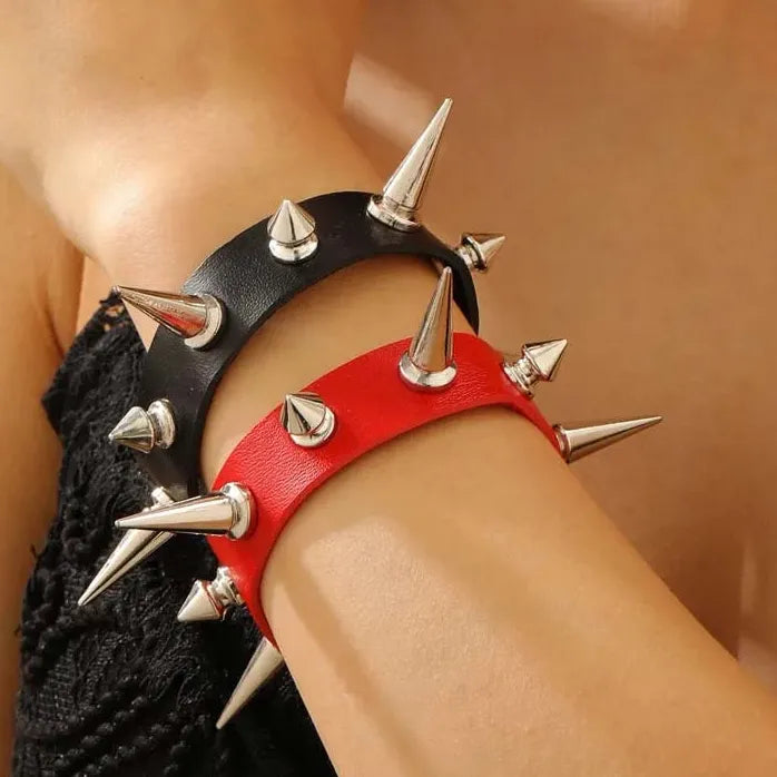 Punk Gothic Metal Spike Rivets Chain Cuff Bracelet Black PU Leather Adjustable Wristband