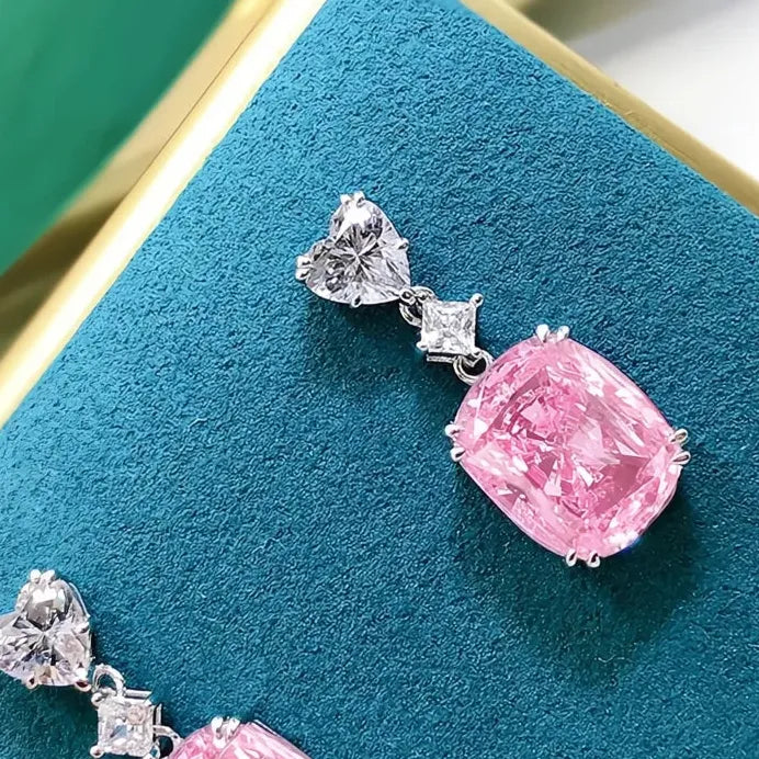Luxury Bright Pink Geometric CZ Drop Earrings Bridal Wedding Jewelry