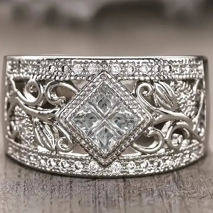 Vintage Luxury Silver Hollow Out CZ Cocktail Ring for Women Gift