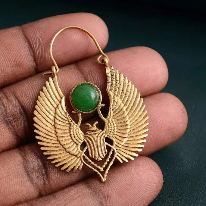 Vintage Egyptian Scarab Wings Large Hoop Earrings Gold Zinc Alloy Gift