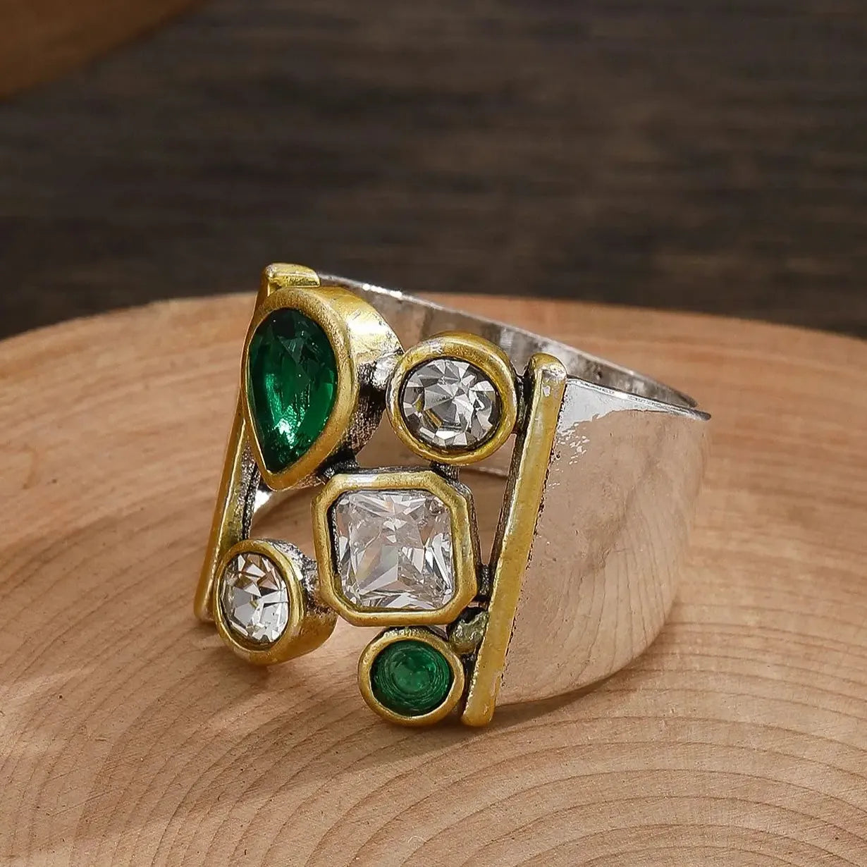 Vintage Silver Color Women's Ring Wide Creative Imitation Crystal Zinc Alloy Jewelry