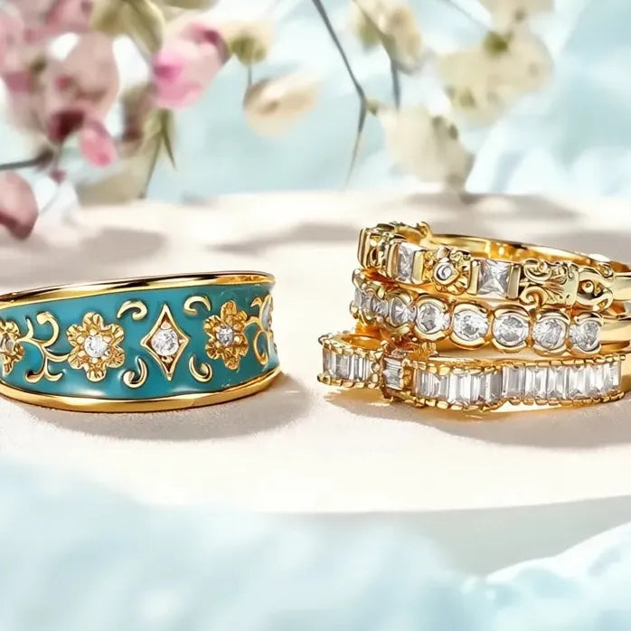 Boho 4-Pcs Women’s Gold Rings Set with Blue Enamel Flower & CZ