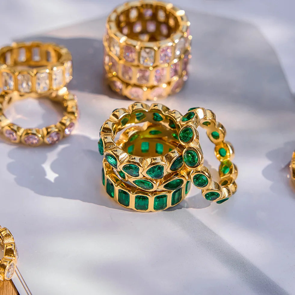 18K Gold Plated Stainless Steel Green Zircon Water Drop Ring for Women