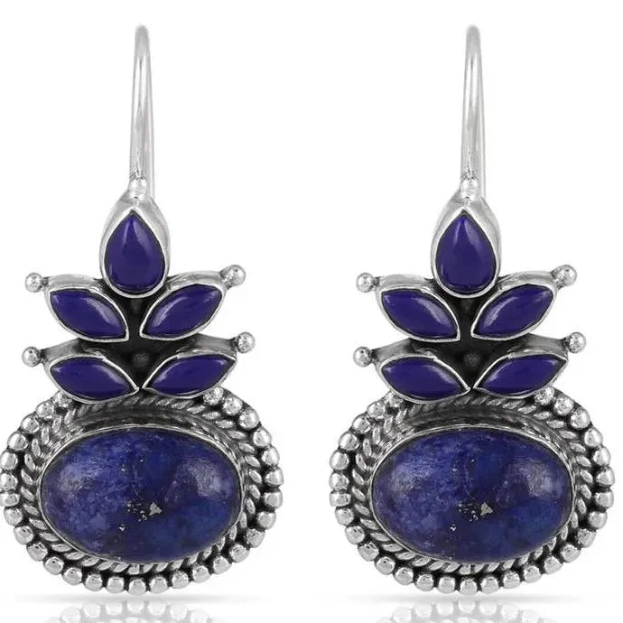 Vintage Ethnic Round Lapis Lazuli Drop Earrings Silver Metal Carving Blue Stone