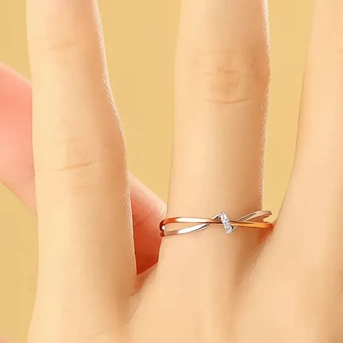 Two Tone Brass Geometric Wedding Band with Cubic Zirconia for Women