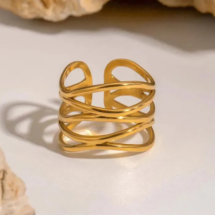 Adjustable Stainless Steel Gold Geometric Irregular Line Mood Tracking Ring for Women