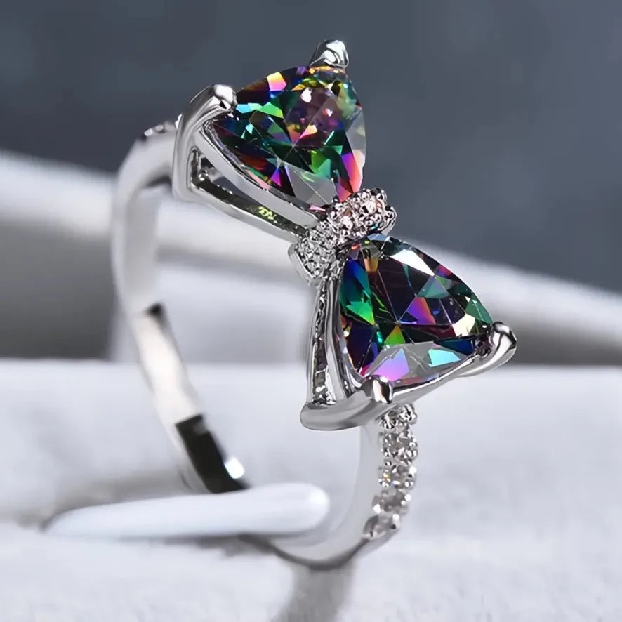 Personality Multi-colored Cubic Zirconia Bow Ring for Women Wedding Party Jewelry Gift