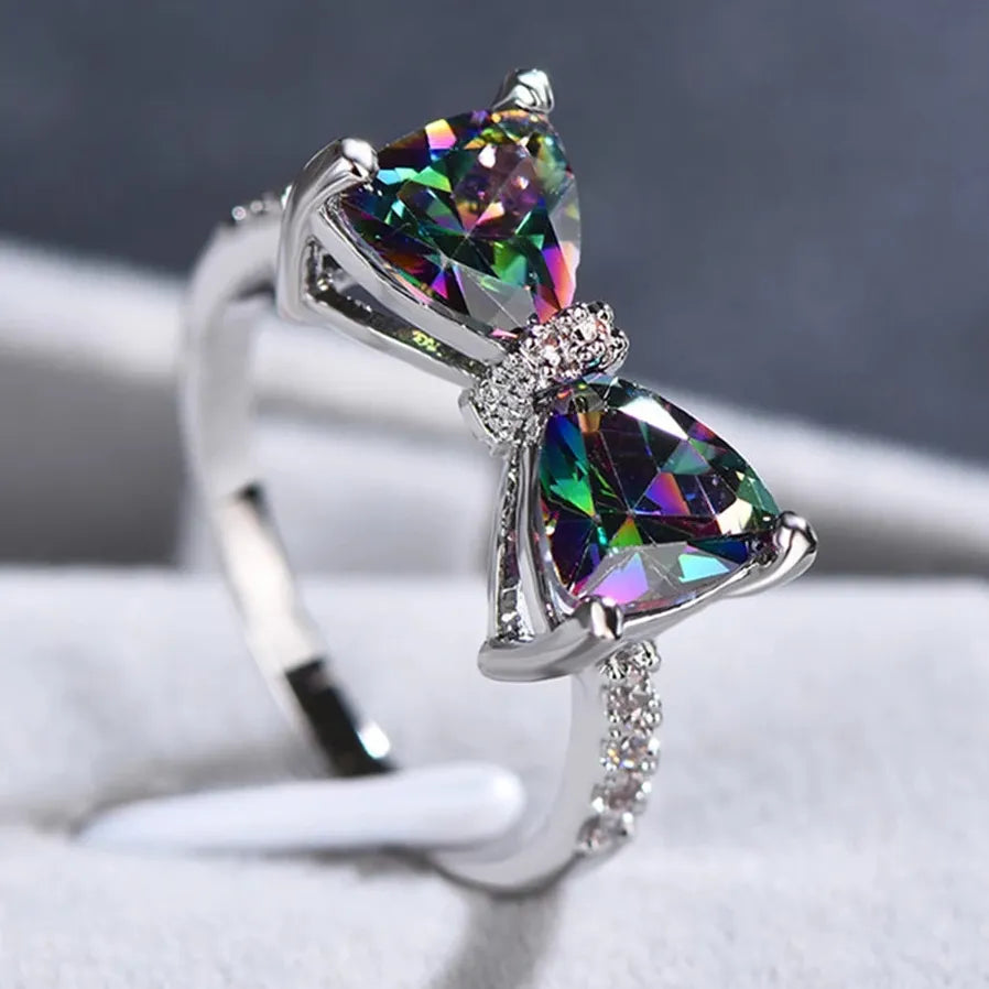 Multi-colored CZ Geometric Bow Ring for Women Wedding Party Gift