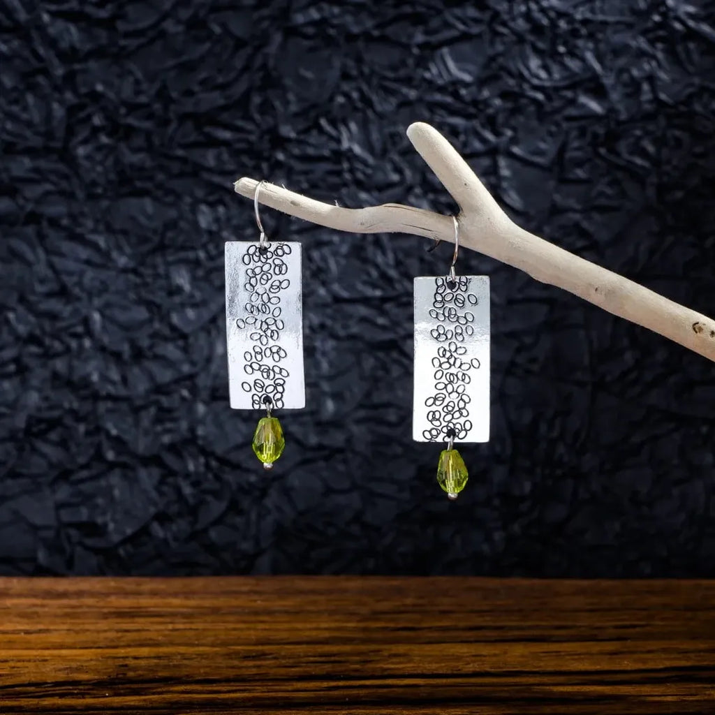 Vintage Silver Leaf Square Drop Earrings Green Crystal Zinc Alloy Jewelry Women
