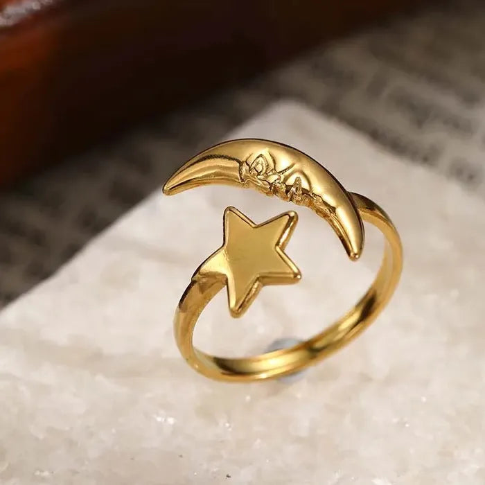 Adjustable Stainless Steel Moon Star Ring for Women Celestial Gift