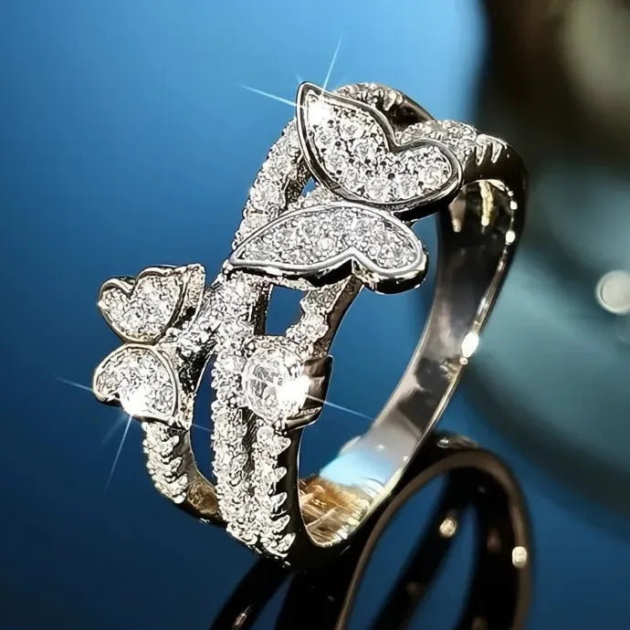 Romantic Double Butterfly Brass Wedding Ring with Cubic Zirconia for Women