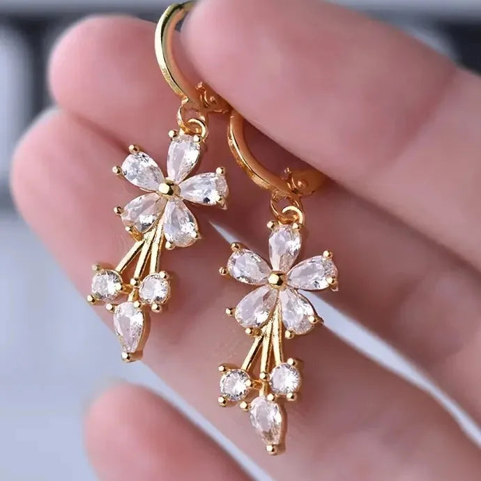 Luxury Gold Flower Drop Earrings Women Multicolor Cubic Zirconia Zinc Alloy