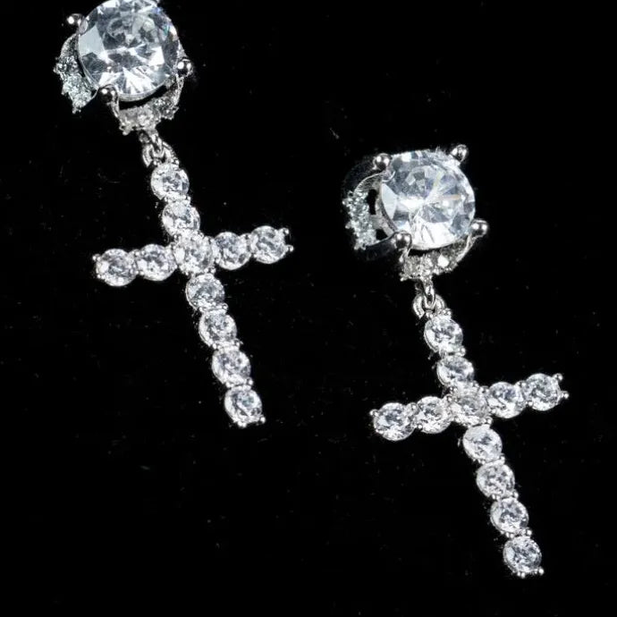 Stylish Cross Drop Hoop Earrings CZ Copper Unisex Fashion Jewelry