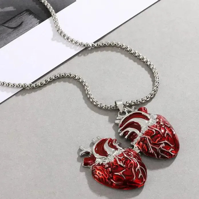 Gothic Rose Red Love Necklace Women’s Y2K Grunge Silver Tone Copper Heart Pendant Jewelry