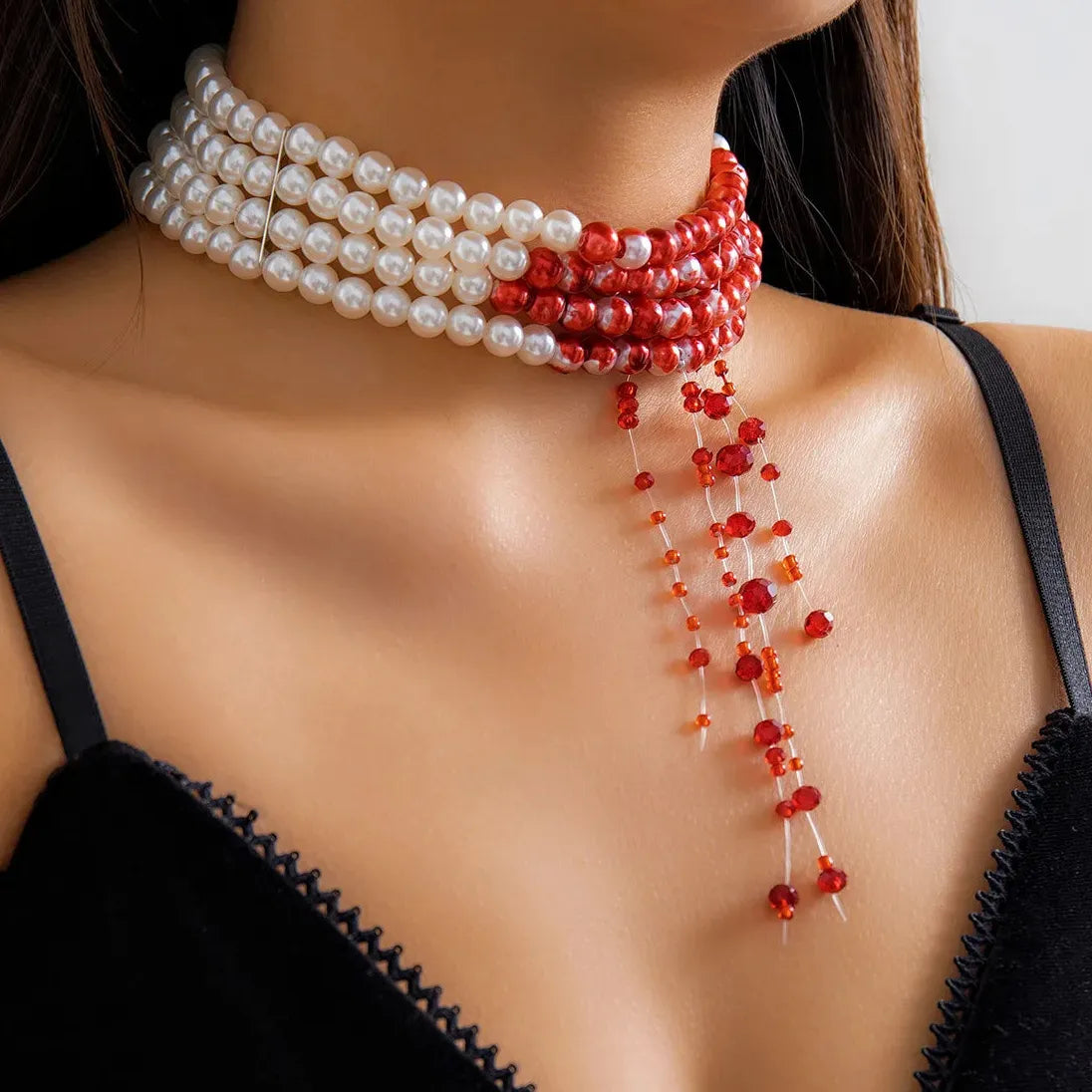 Vintage Red Blood Pattern Imitation Pearl Tassel Pendant Necklace for Women Goth Jewelry