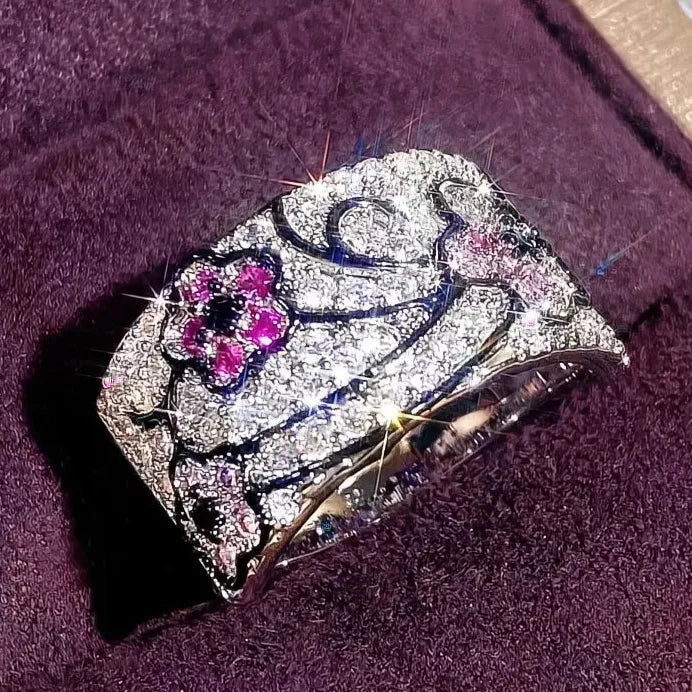 Elegant Pink Flower Cubic Zirconia Brass Ring for Women Fashion Jewelry