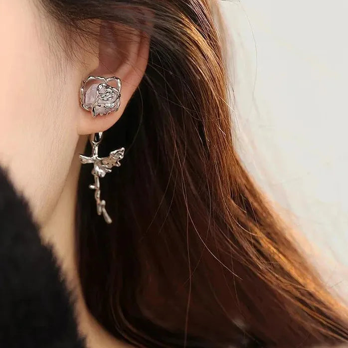Copper Romantic Rose Crystal Earrings Women Gothic Thorn Stem Stud Studs Jewelry