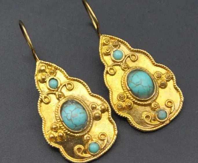 Vintage Gold Color Ornate Zinc Alloy Earrings Women Ethnic Turquoise Jewelry Gift