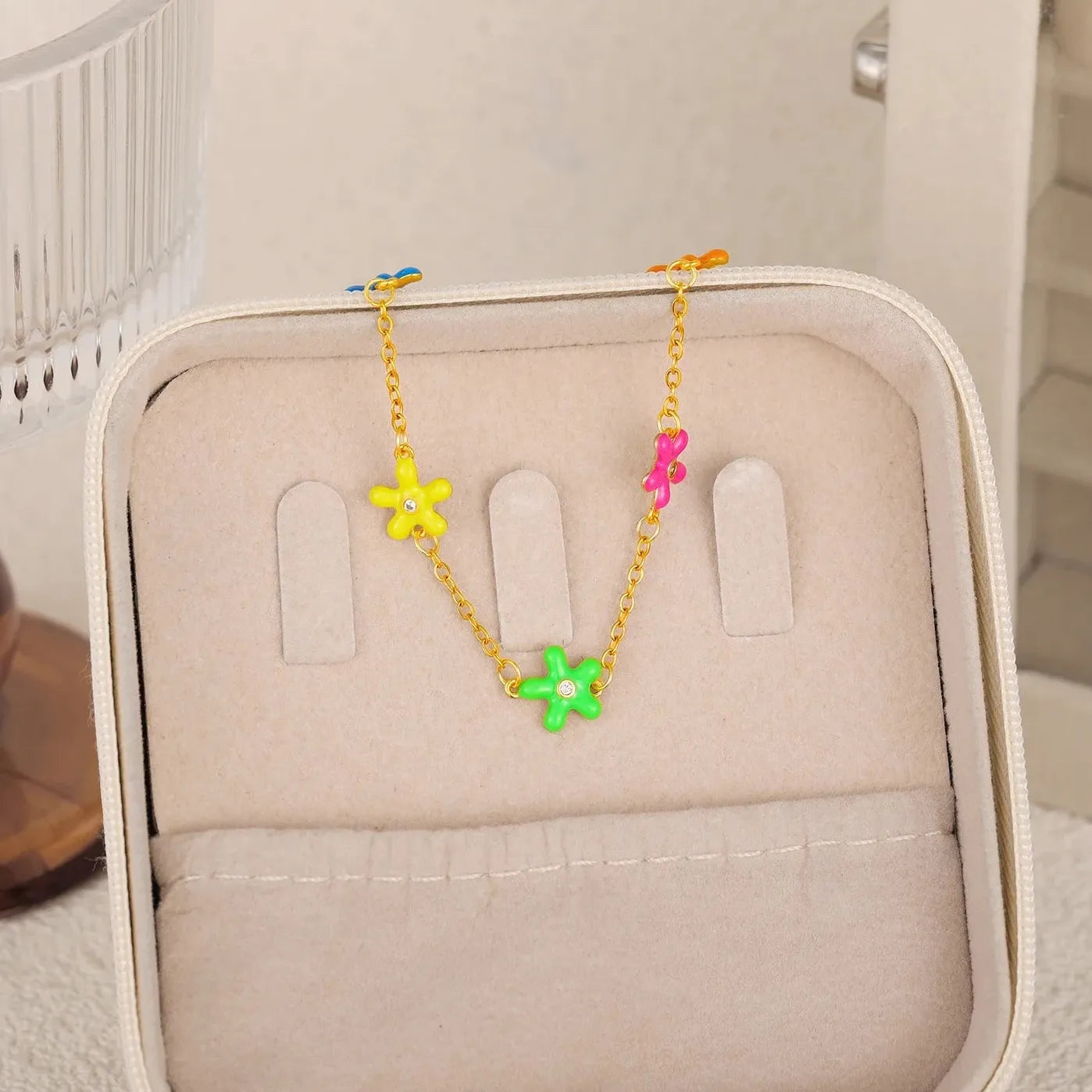 Handmade 18k Gold Plated Multicolor Enamel Wildflower Daisy Bracelet Anklet Gift