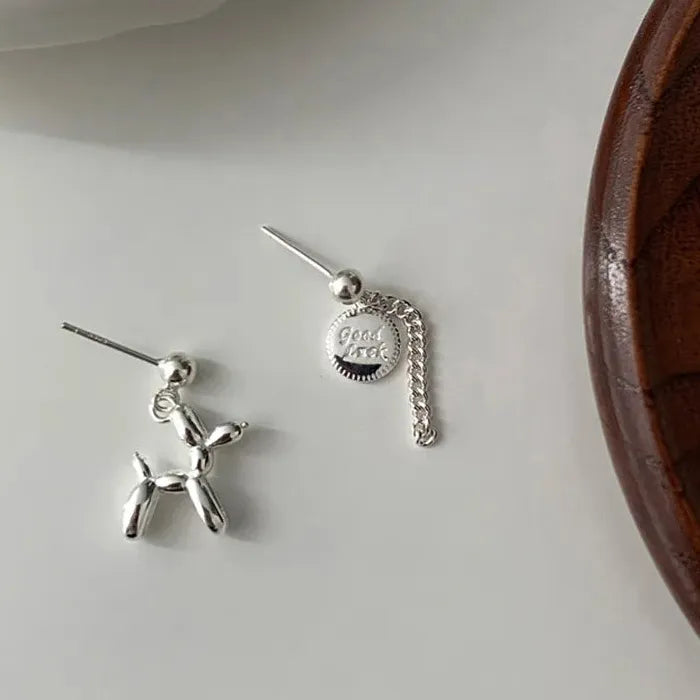 Asymmetrical Silver Balloon Dog Tassel Chain Earrings Zinc Alloy 2000s