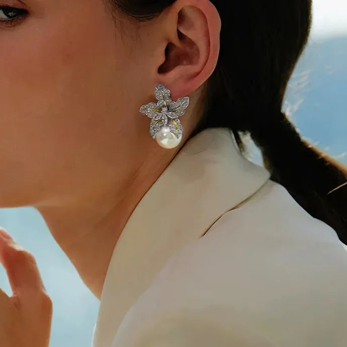 Flower Imitation Pearl Earrings Women Luxury CZ Stone Inlaid Zinc Alloy Studs