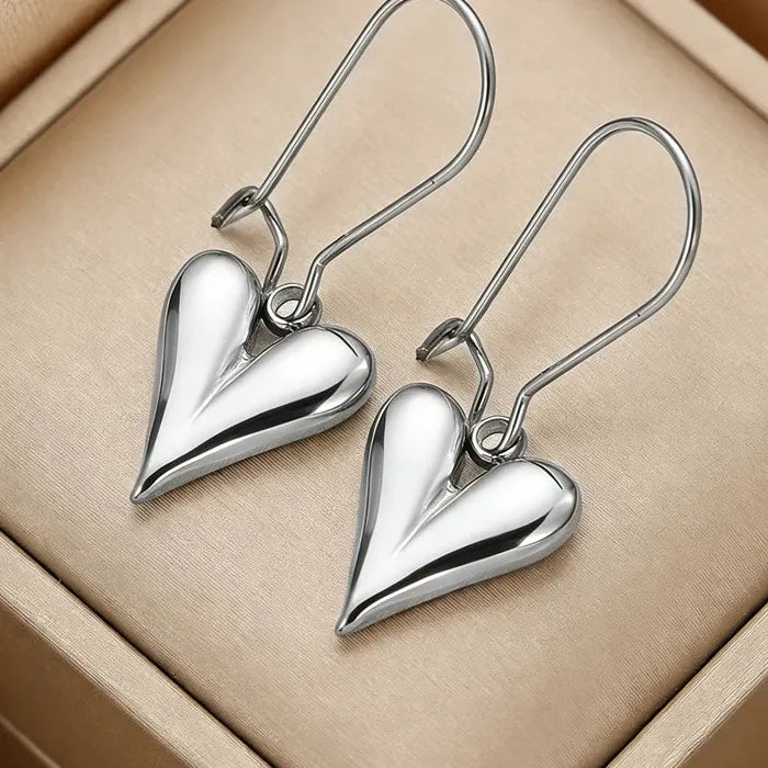 Stainless Steel Heart Drop Earrings for Women Retro Glossy Dangle Gift