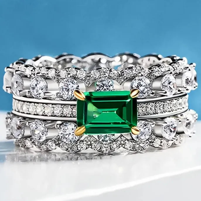 Noble Green Brass Geometric Ring with Cubic Zirconia for Women Anniversary Jewelry