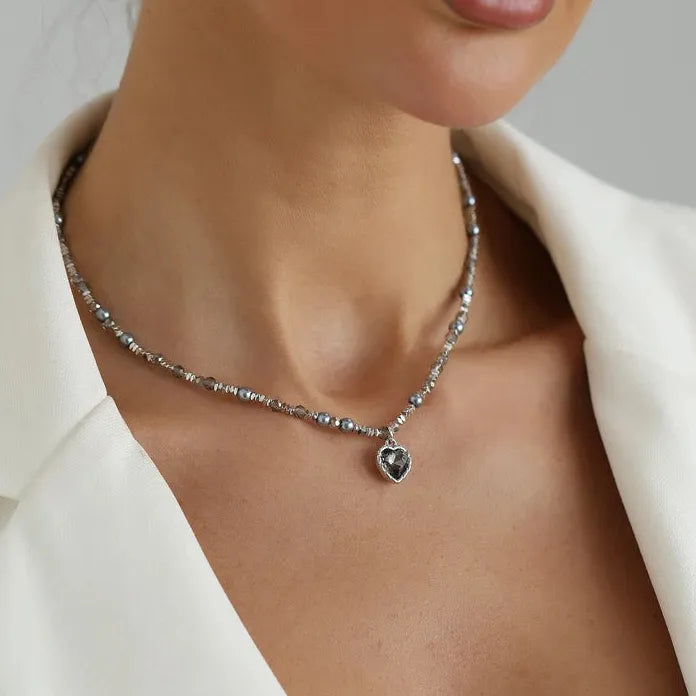 Black Crystal Heart Pearl Tassel Brooch & Pendant Necklace Zinc Alloy