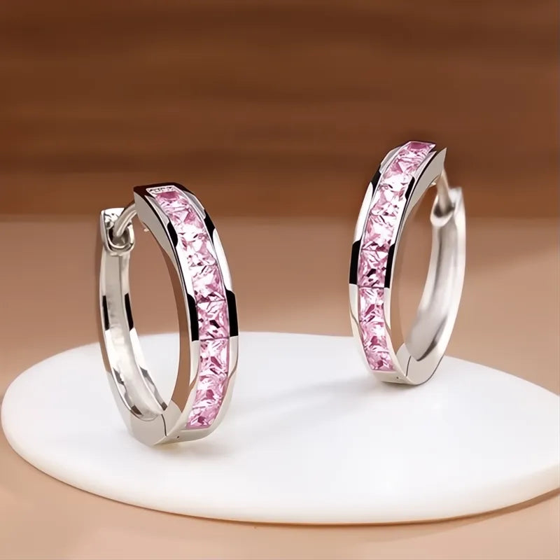 Classic Design Women Hoop Earrings with Princess Square Cubic Zirconia, Elegant Fashion Jewelry