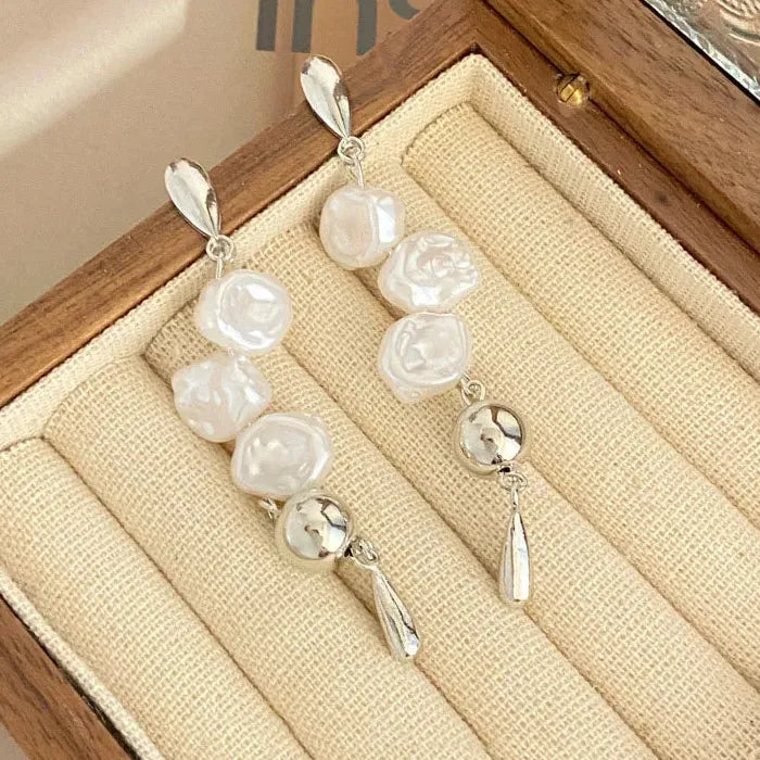 Korean Geometric Pearl Tassel Drop Earrings for Women Zinc Alloy Jewelry