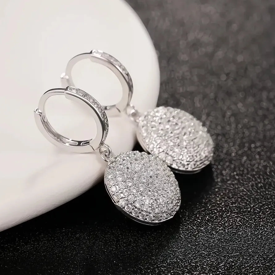 Silver CZ Round Geometric Pendant Dangle Earrings Luxury Bride Jewelry Copper Alloy