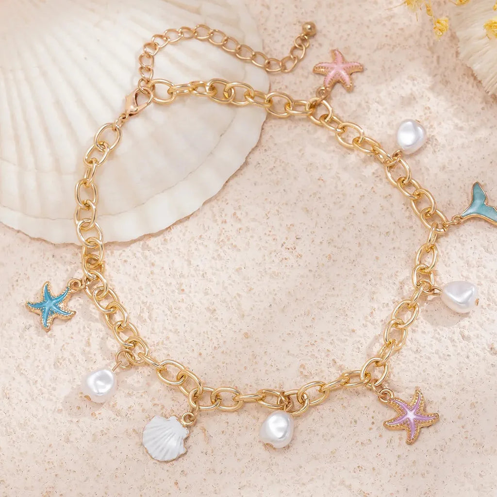 Kpop Boho Starfish Scallops Tassel Pearl Choker Necklace for Women