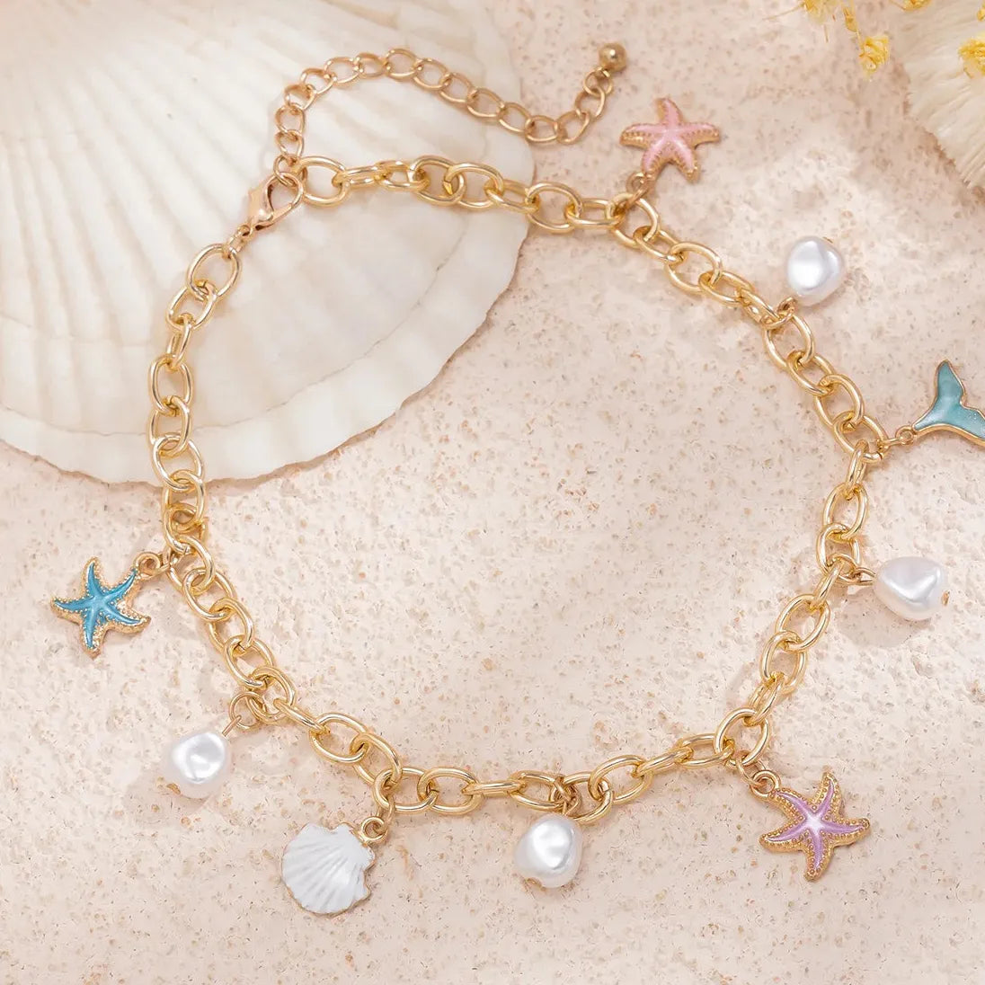 Kpop Boho Starfish Scallops Tassel Pearl Choker Necklace for Women