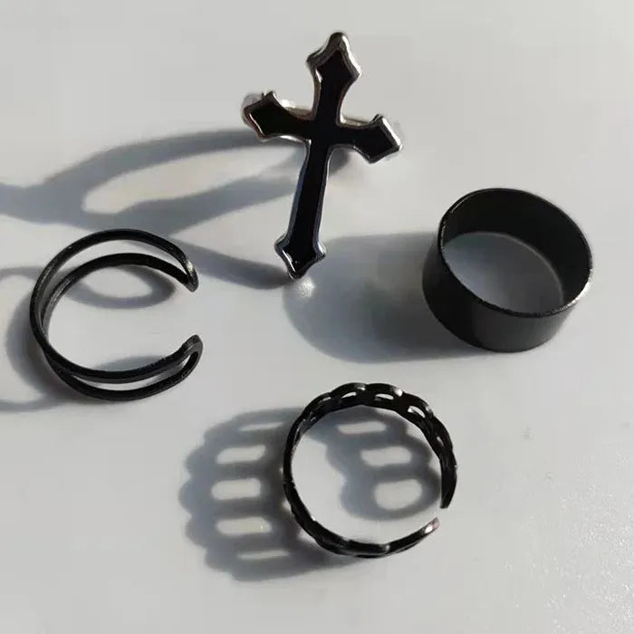 Vintage Black Punk Hollow Round Couples Rings with Cross Symbol Jewelry Gifts