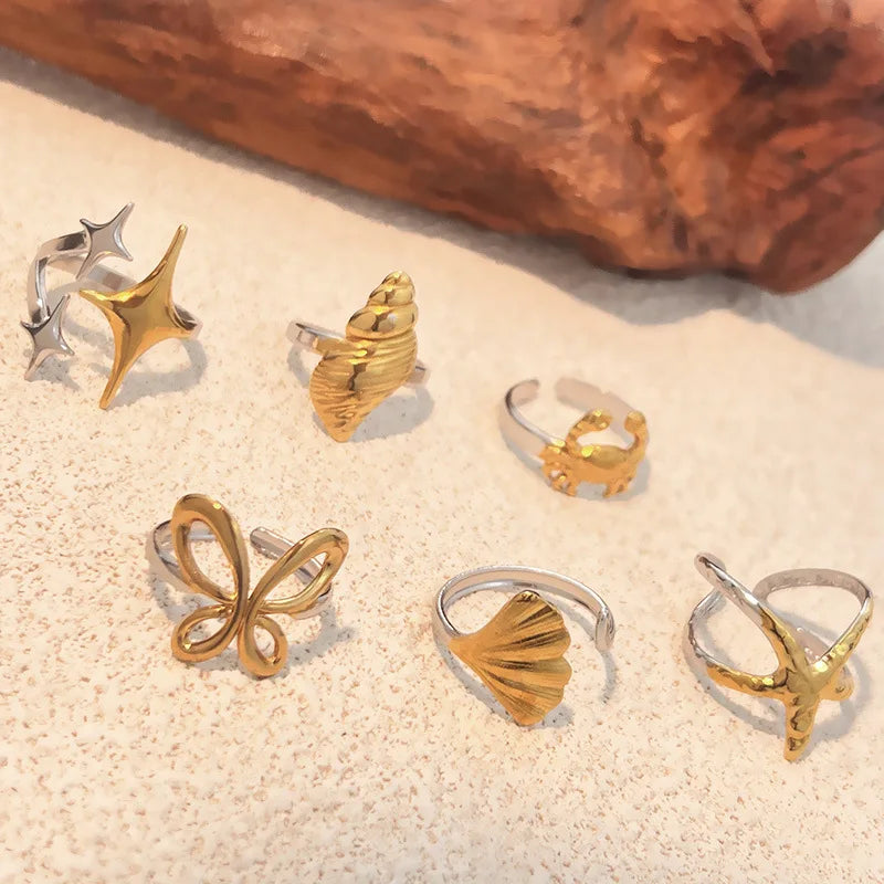 18K Gold Plated Ocean Series Opening Ring Mini Crab Conch Starfish for Women