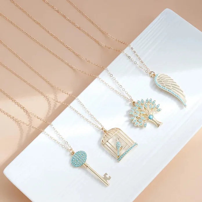 Adjustable Green Stone Pendant Necklace Zinc Alloy Birdcage Wing Key Gift
