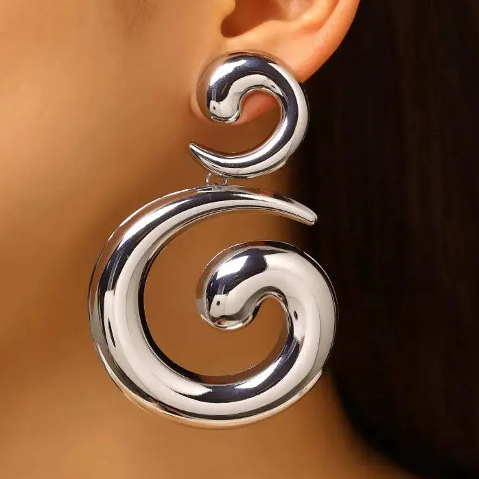 Exaggerated Metal Spiral Drop Earrings Women Retro Geometric Hollow Large Dangle Jewelry